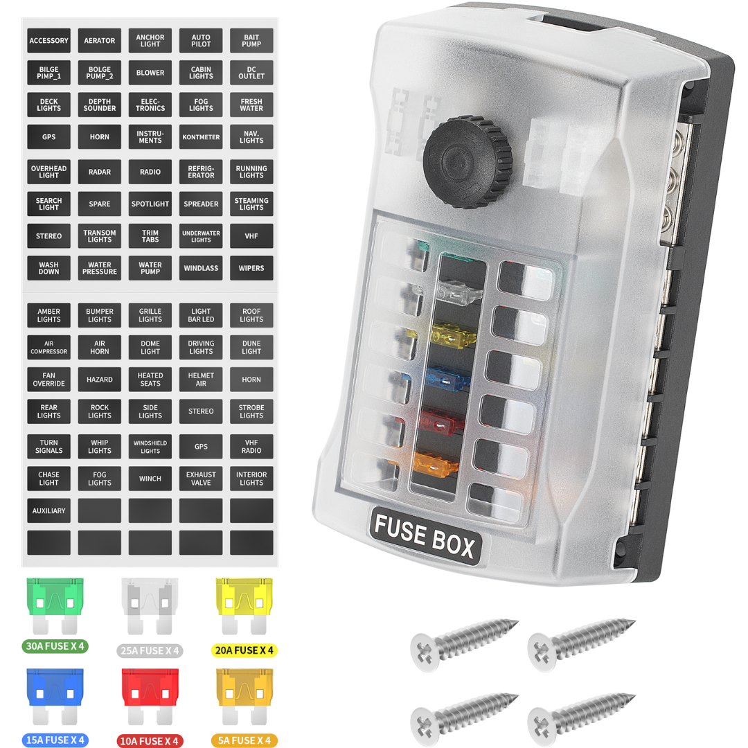 12 Way Blade Fuse Box 300A Stud / 2 x Positive & 1 x Negative Busbar -