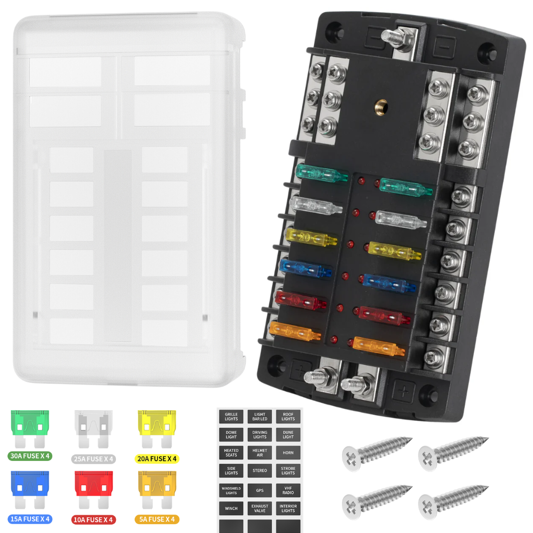 12 Way Blade Fuse Box 300A Stud / 2 x Positive & 1 x Negative Busbar -