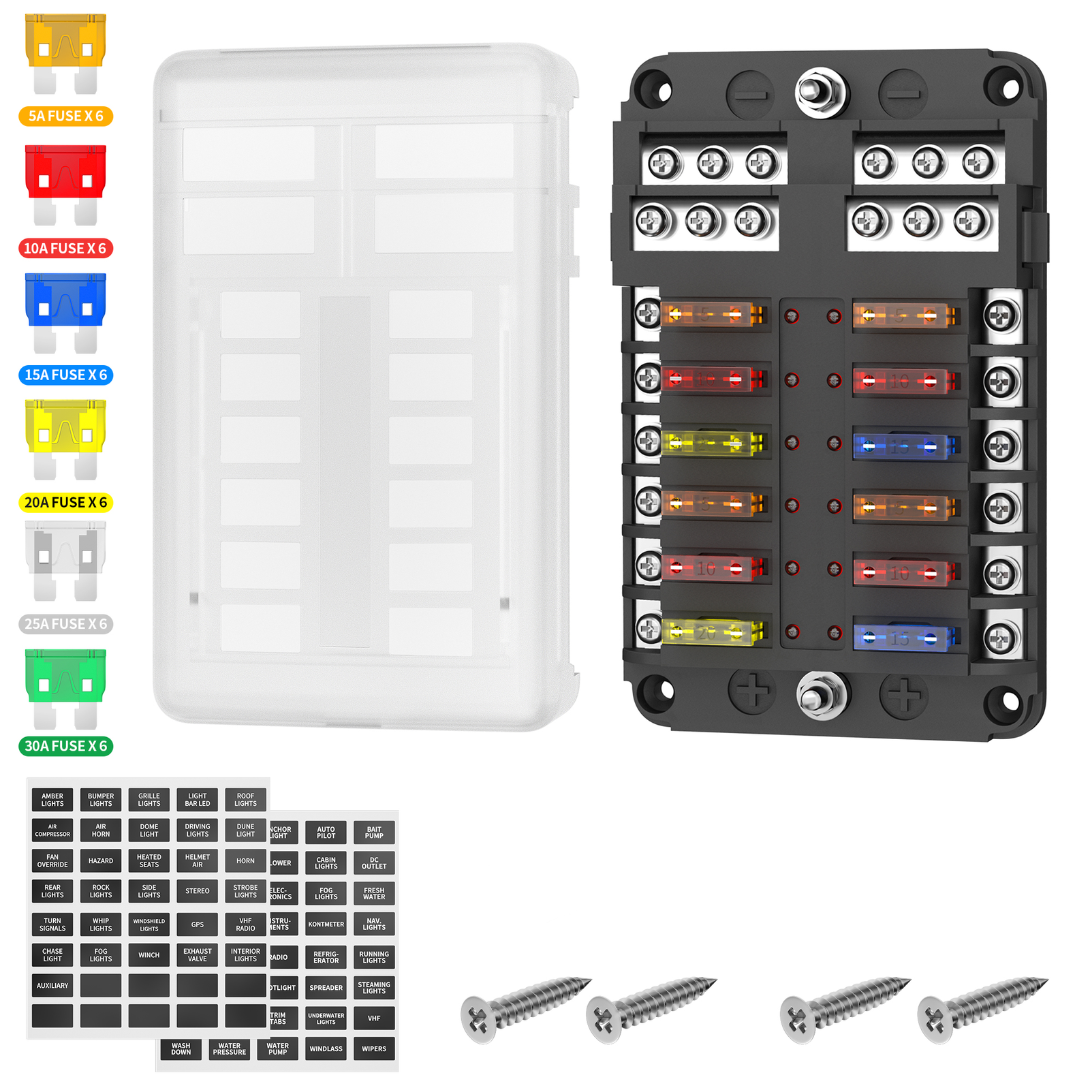 12 Way Blade Fuse Box 100A with Positive & Negative Busbar / Stud -