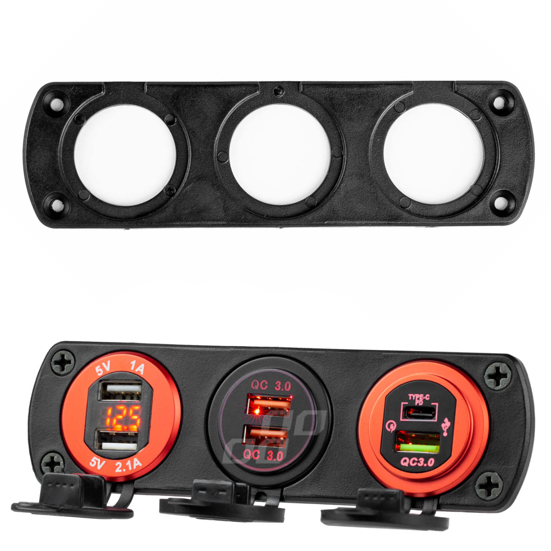 Triple Mounting Plate for USB Ports, Cigarette Lighters or Voltmeters