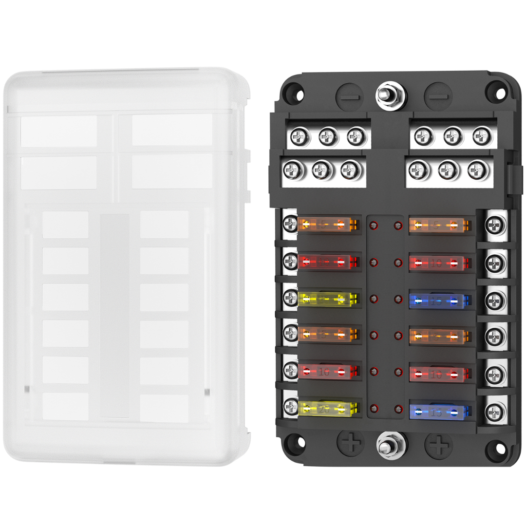 12 Way Blade Fuse Box 100A with Positive & Negative Busbar / Stud -