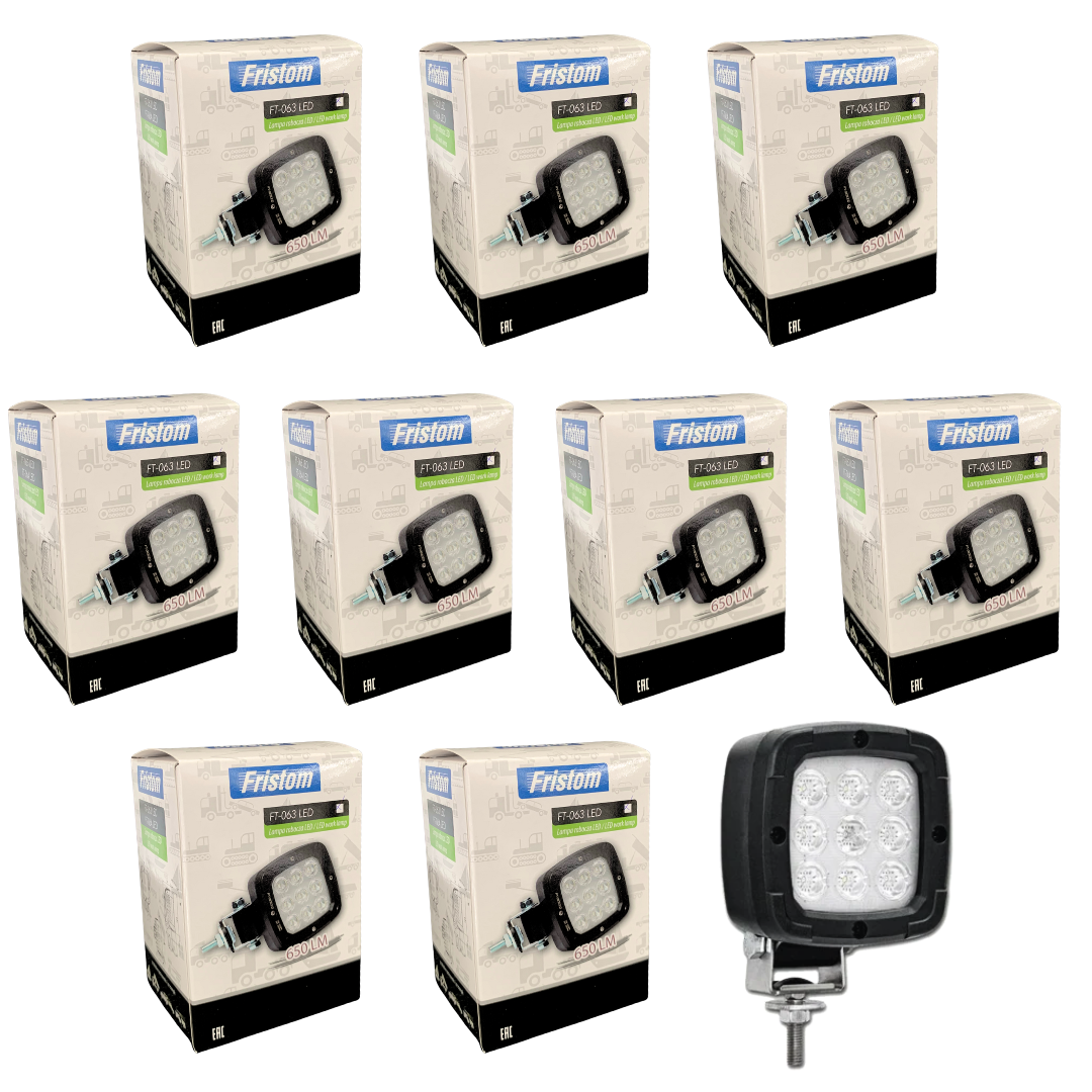 Multiple boxes of Fristom LED work lights on a white background