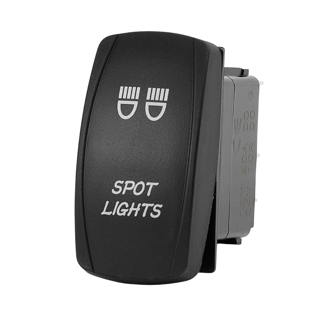 A black automotive toggle switch labeled 'SPOT LIGHTS' with white icon and text, shown against a plain white background.