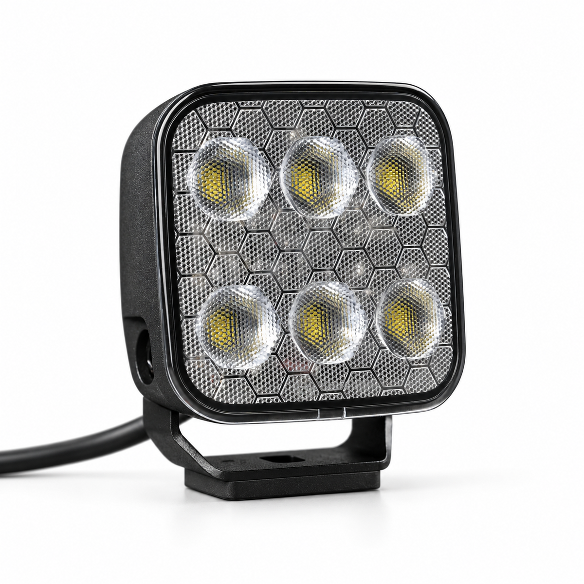 Strands Unity Edge Square Work Light 37W A black square LED work light with six illuminated yellow lenses, featuring a honeycomb-patterned front cover and a mounting bracket, shown on a white background.