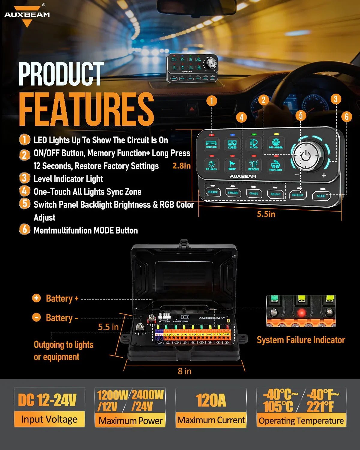 8 Way Auxbeam Control Panel with Control Knob / Dim, Chase, Dynamic Functions
