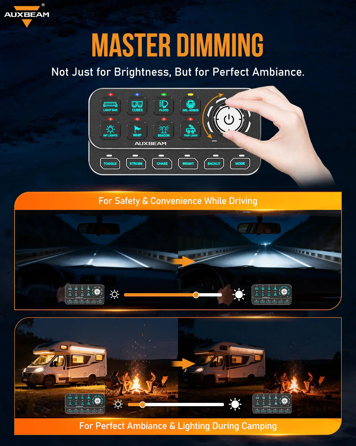 8 Way Auxbeam Control Panel with Control Knob / Dim, Chase, Dynamic Functions