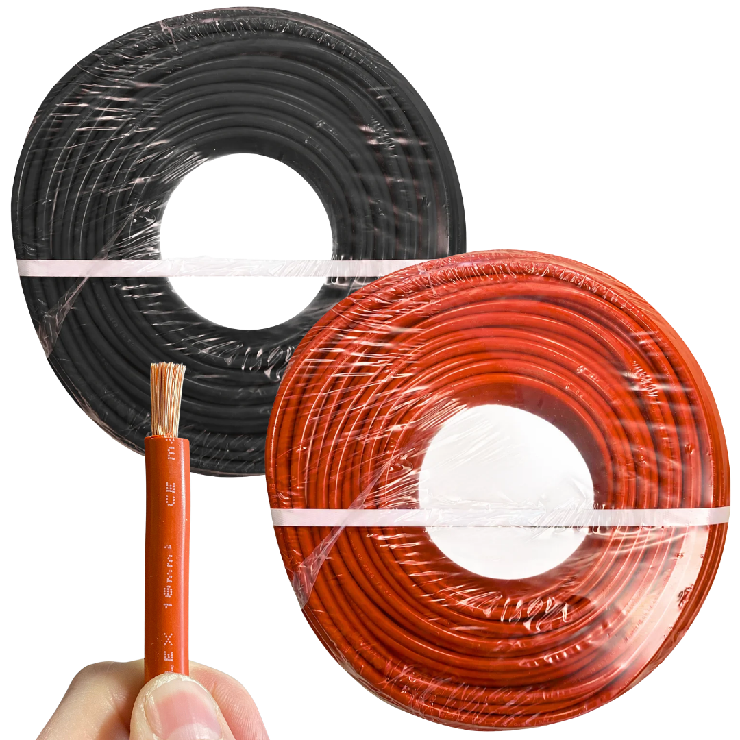 Battery Cable / 16mm² / 100 Metre Coil Pack Two coiled rolls of thick cable, one black and one orange-red, wrapped in clear plastic, with a hand holding a close-up section of the orange cable showing the exposed copper conductors.