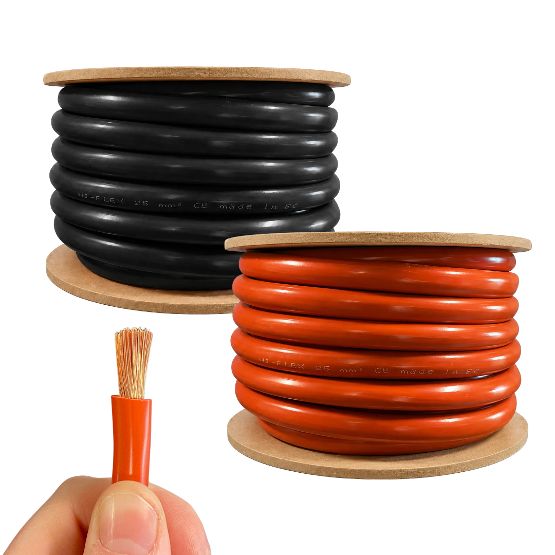 25mm sq battery cable in black and red reel showing copper stranded core and insulation thickness