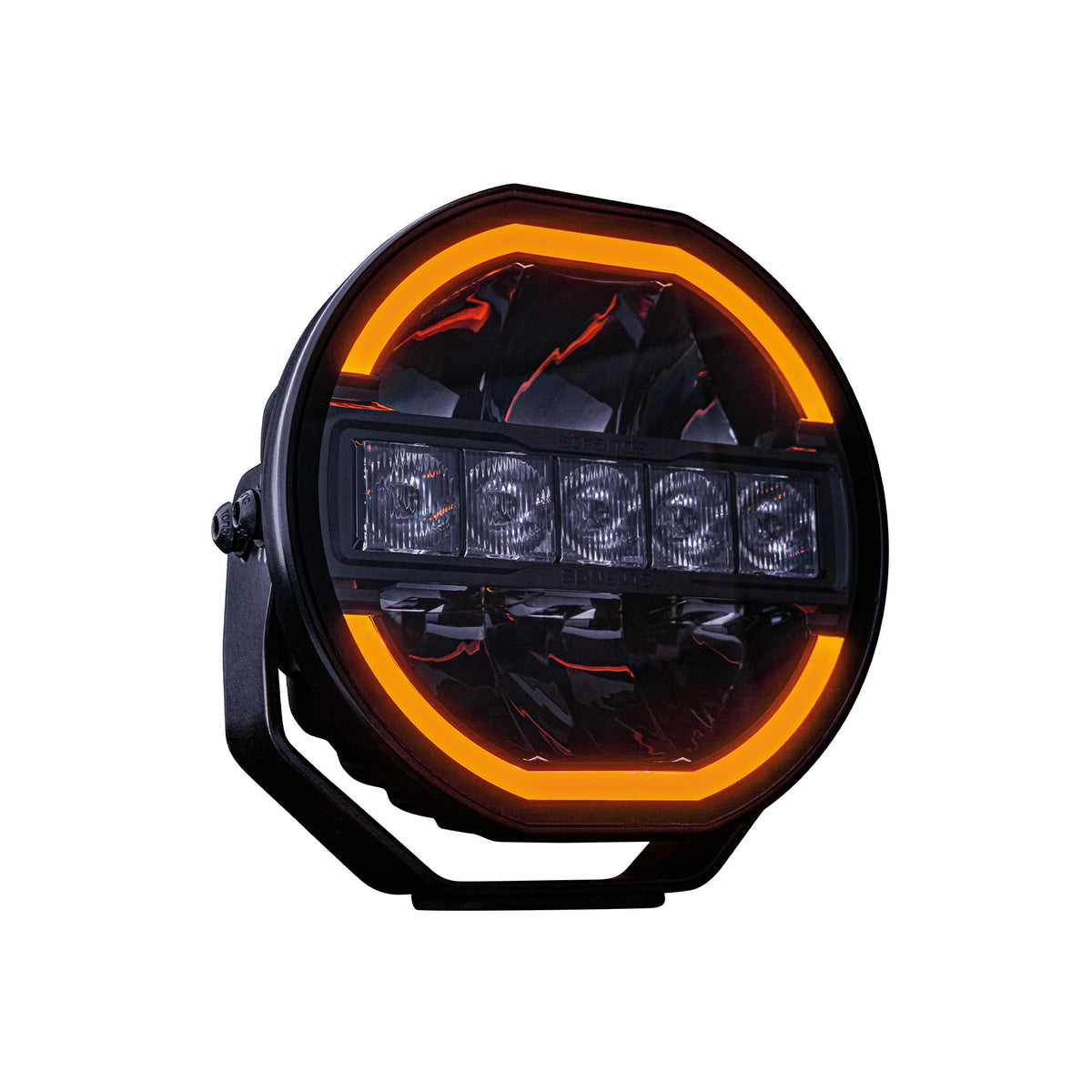 A round black off-road LED light with a glowing orange halo ring, shown against a solid white background.