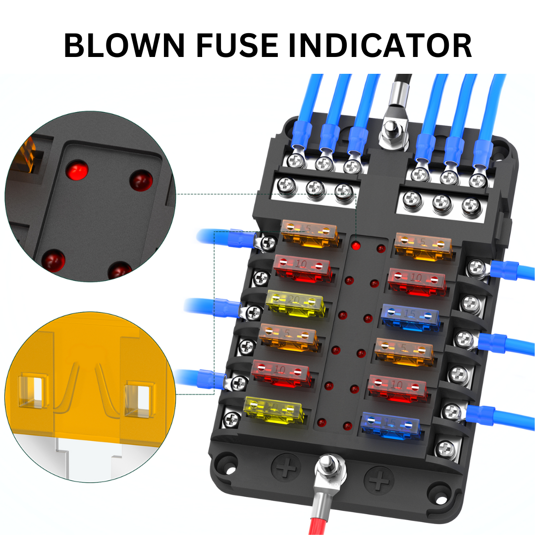 SCATOLA FUSIBILI 12 vie con indicatore LED con coperchio 12 circuiti SCATOLA FUSIBILI 12 vie con indicatore LED con coperchio 12 circuiti