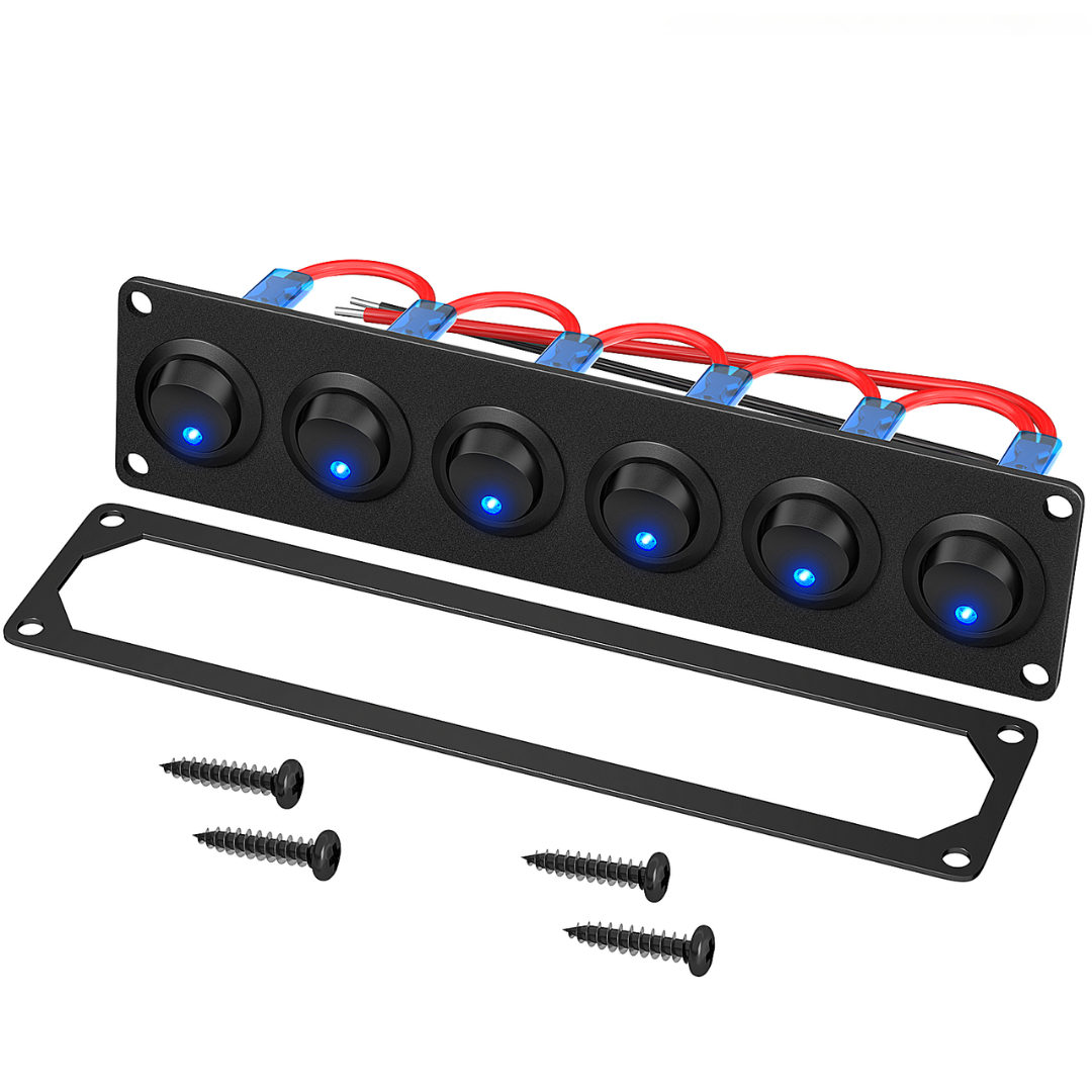 6 Way Switch Panel with Blue LED Rocker Switches - 