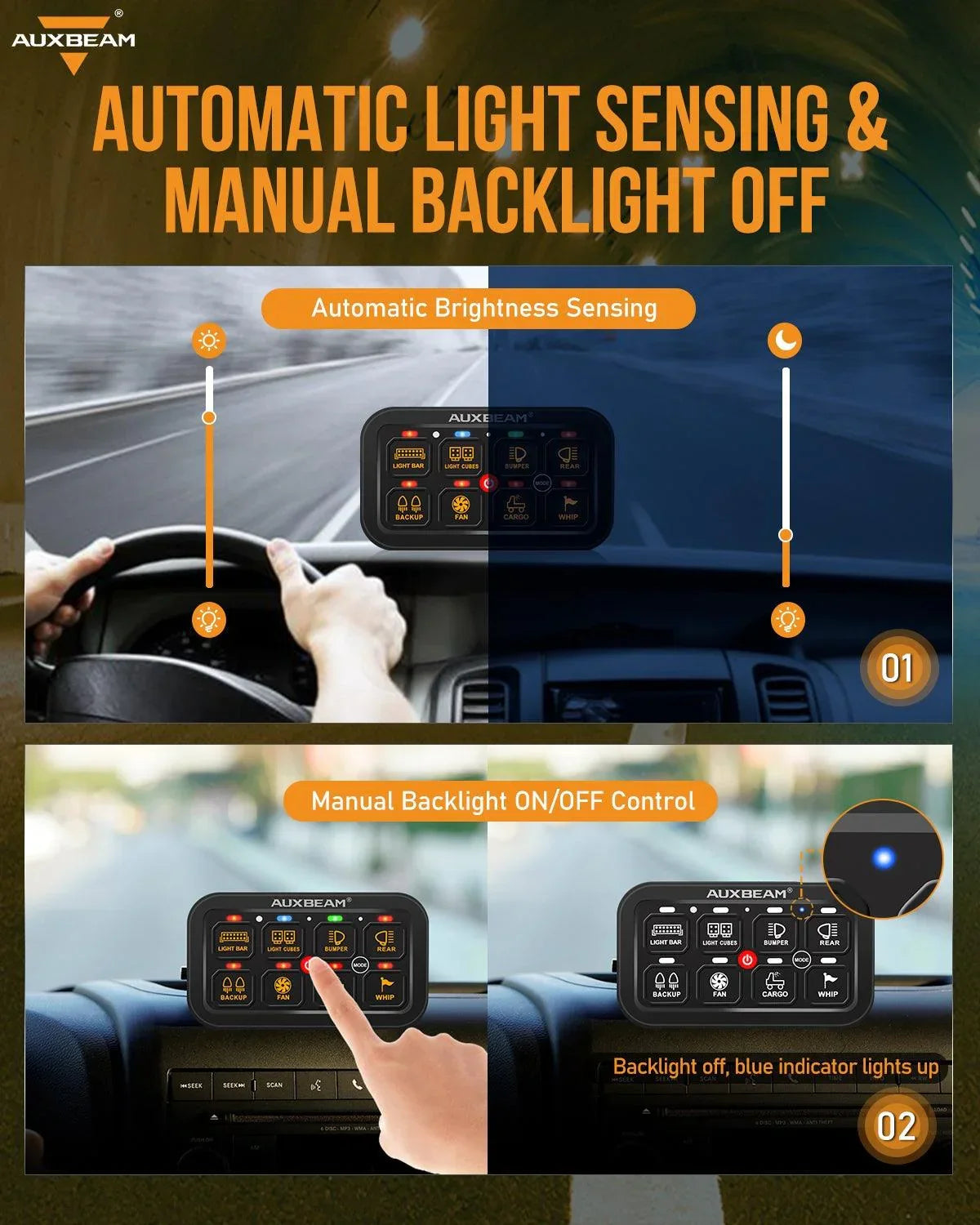 Auxbeam dashboard light display with automatic brightness sensing and manual backlight control features.