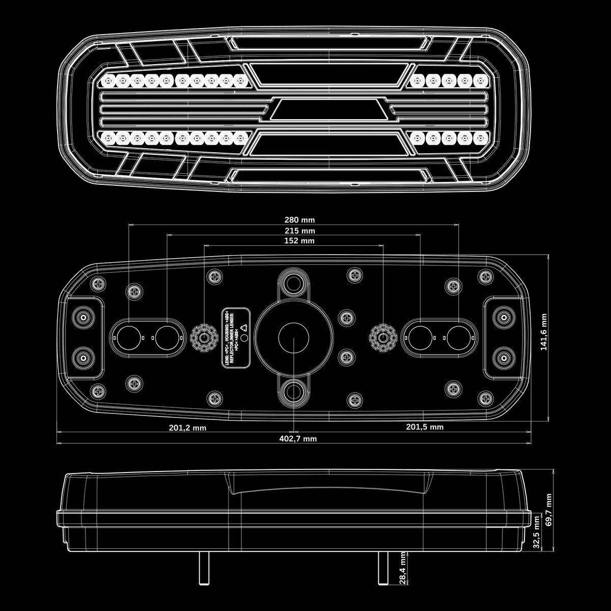 Strands Large 400mm Rear Dark Style Tail Light / 5 Functions