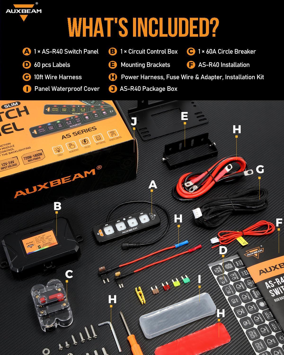 Auxbeam AS Series automotive parts set with packaging on a black background UK + Ireland