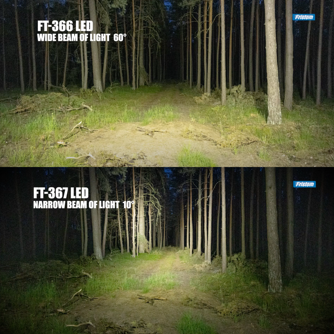 Comparison of FT-366 LED and FT-367 LED lights in a forest setting.
