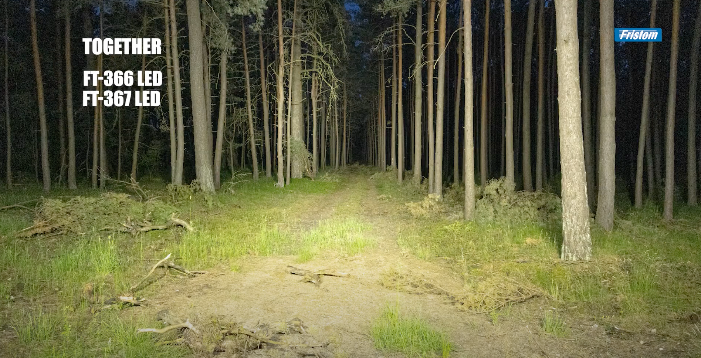 Forest scene comparing work lights illuminated by a headlight with 'Fristom' branding.