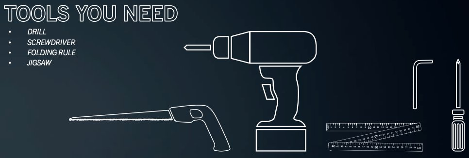 Illustration of tools needed for a project on a black background