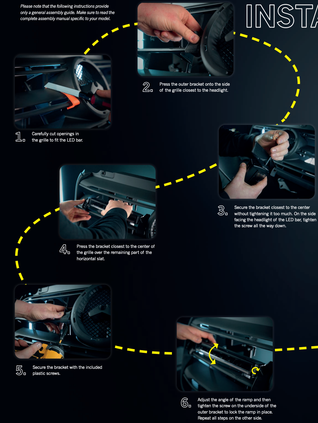 Step-by-step installation guide for a car interior LED light bar with close-up images of hands performing actions.