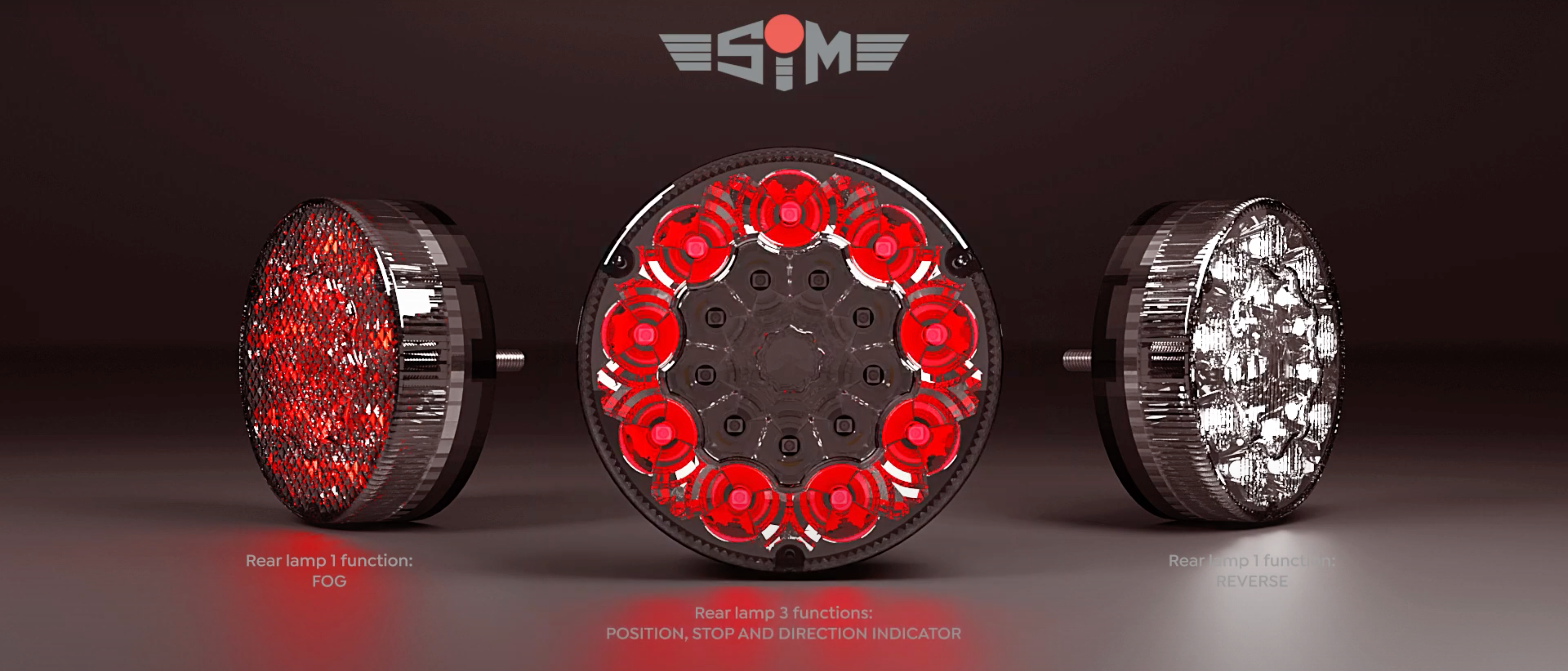 Three circular LED lights with different color options on a dark background, featuring the SiM2 brand.