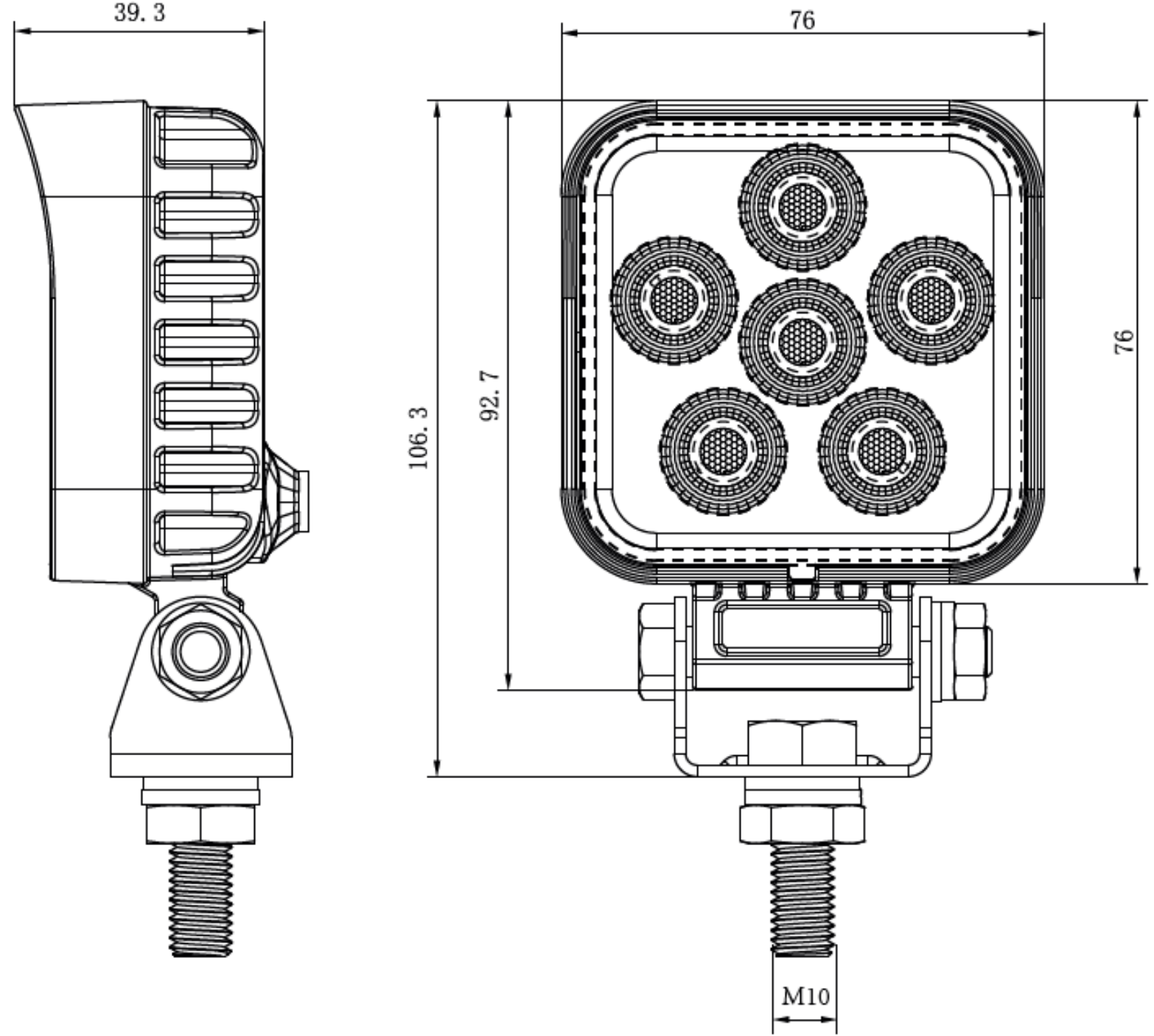 Technical drawing of a vehicle light component with dimensions UK + Ireland