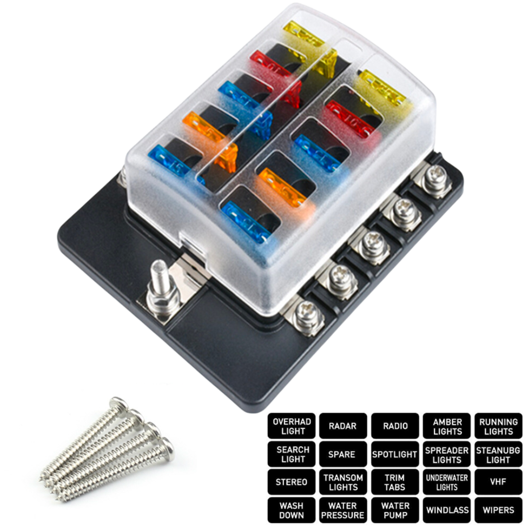 10 Way Standard Blade Fuse Box with Fuses & Labels / Stud Connections - spo-cs-disabled - spo-default - spo-disabled