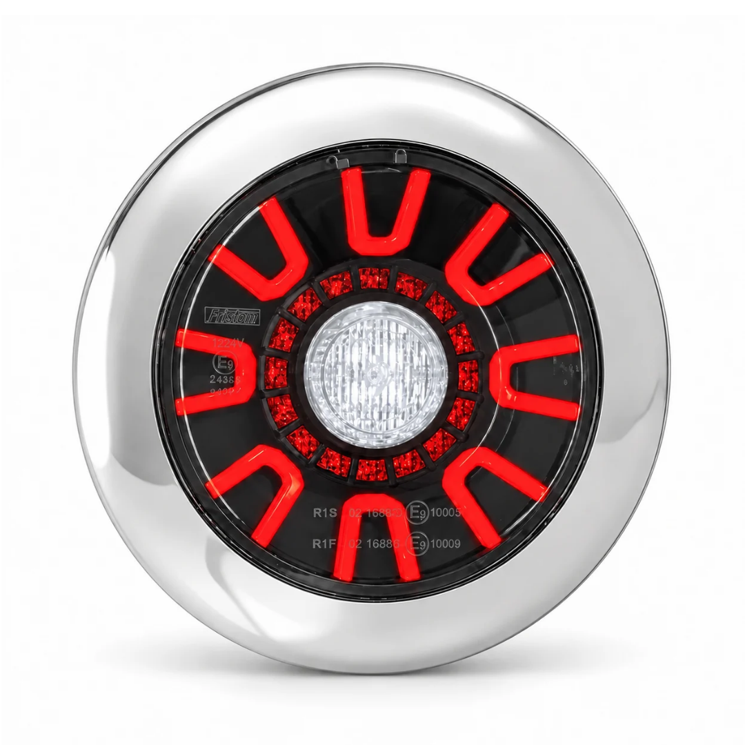 Fristom Dark Round Rear Light with Fog, Tail & Reverse / Chrome Cover