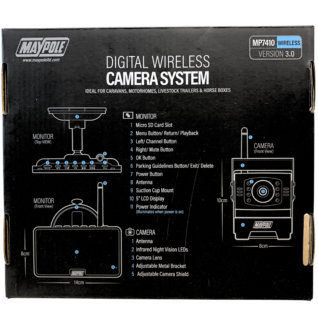 Maypole digital wireless camera system packaging with technical diagrams and specifications.