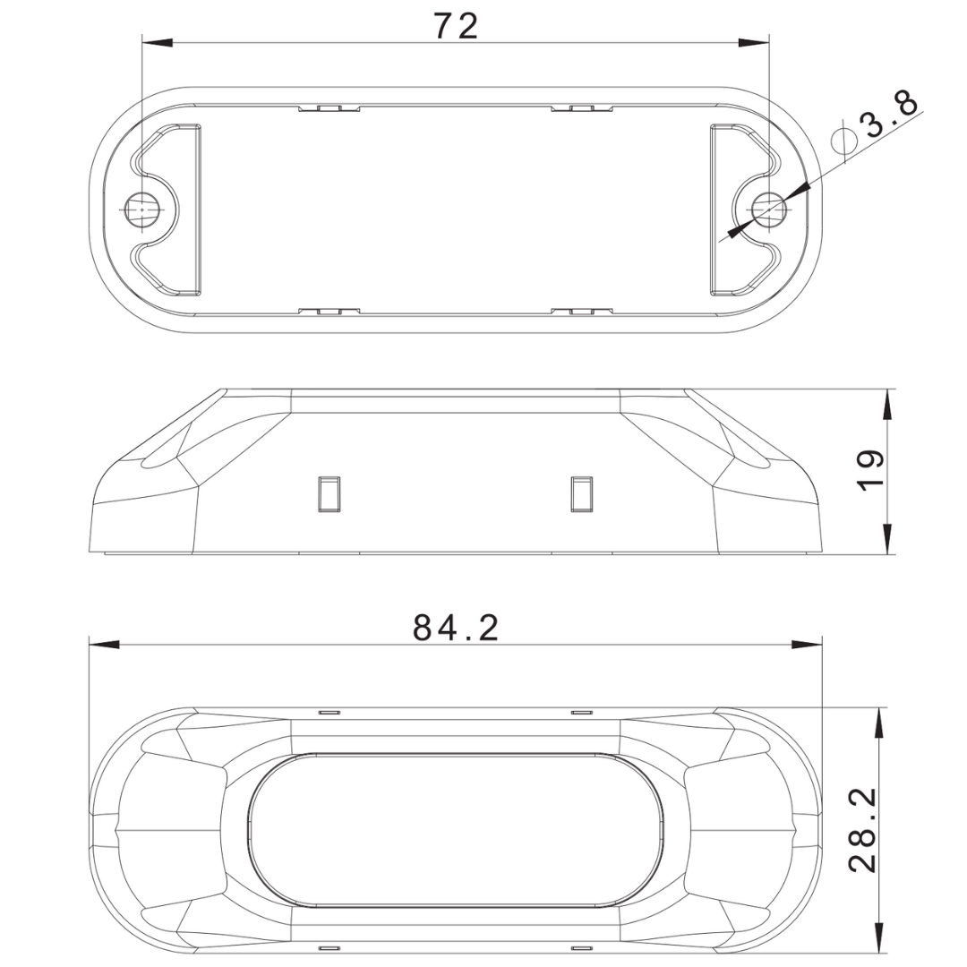 Technical drawing of a rectangular object with dimensions labeled