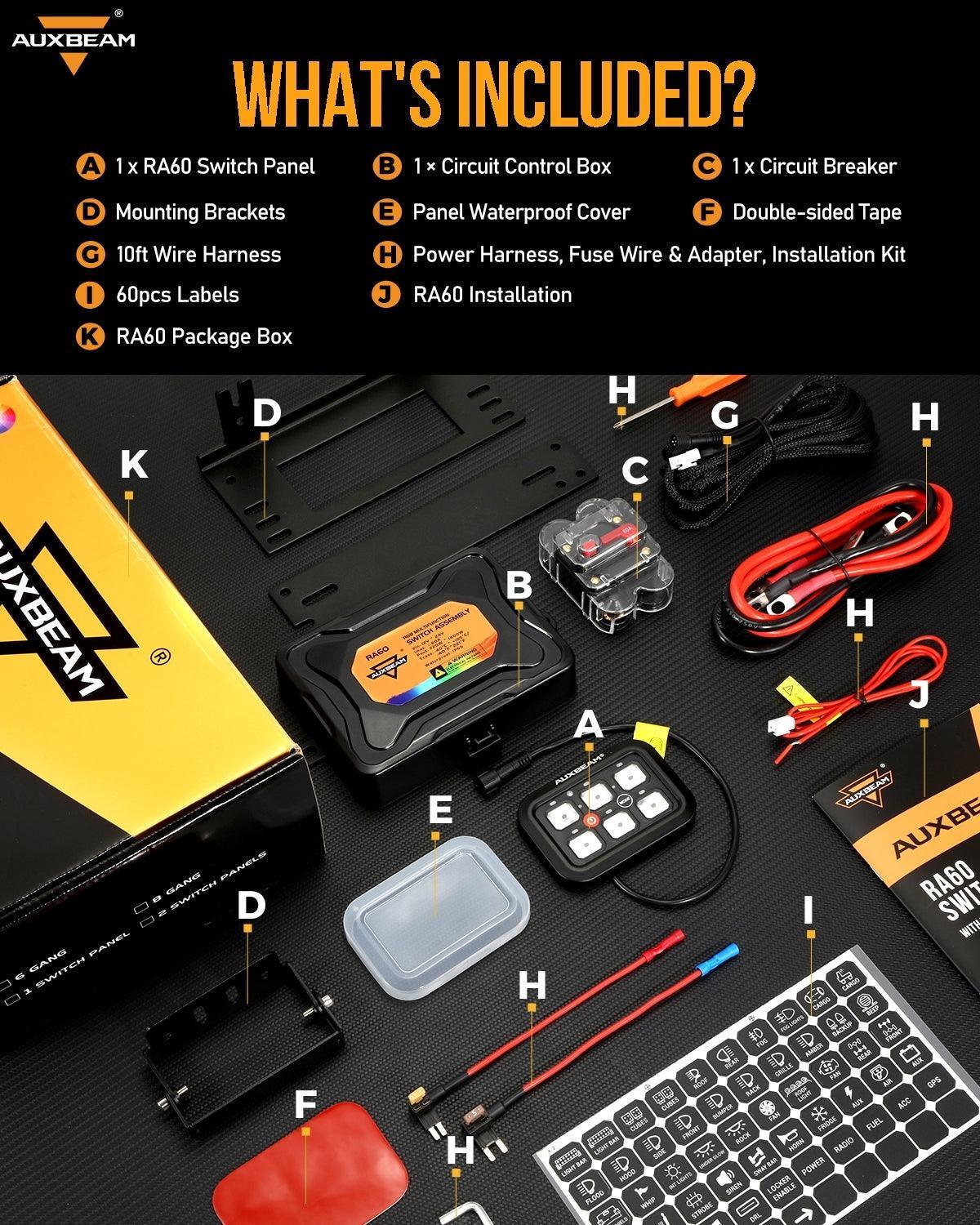 Auxbeam RA60 switch panel components on a black surface with product packaging.