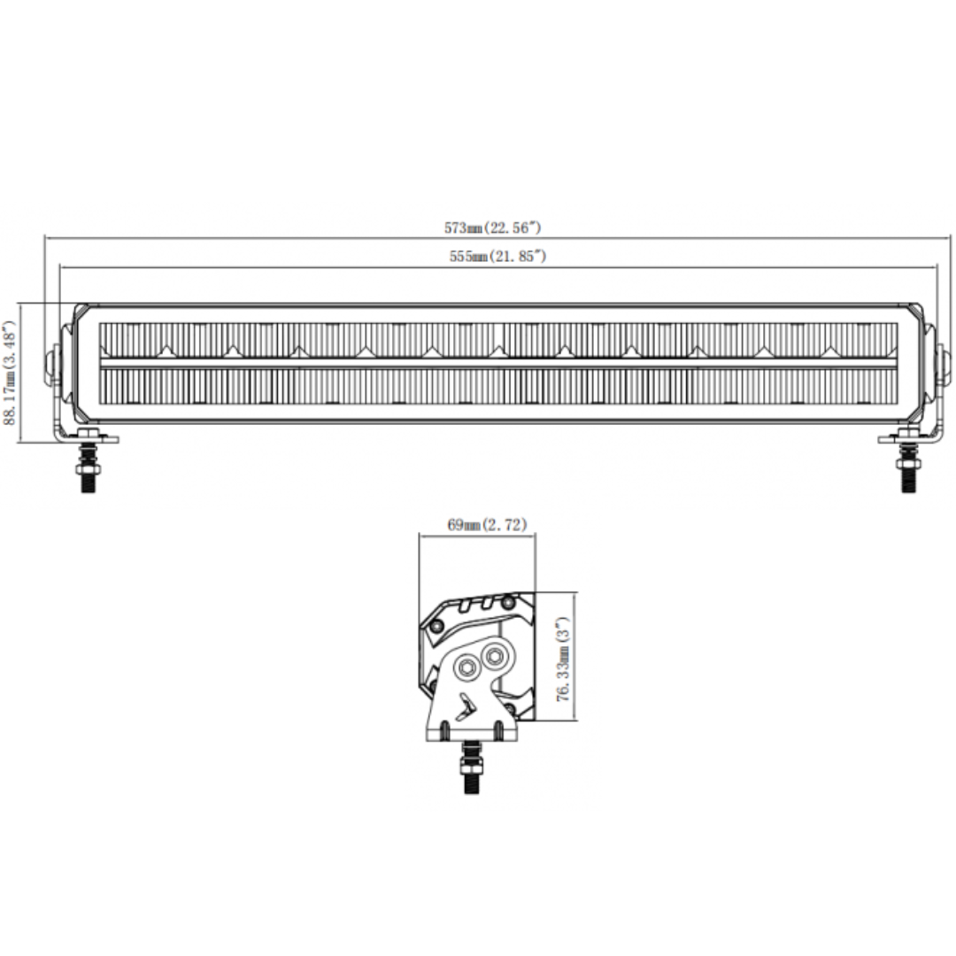 Technical drawing of a rectangular light bar with dimensions on a white background