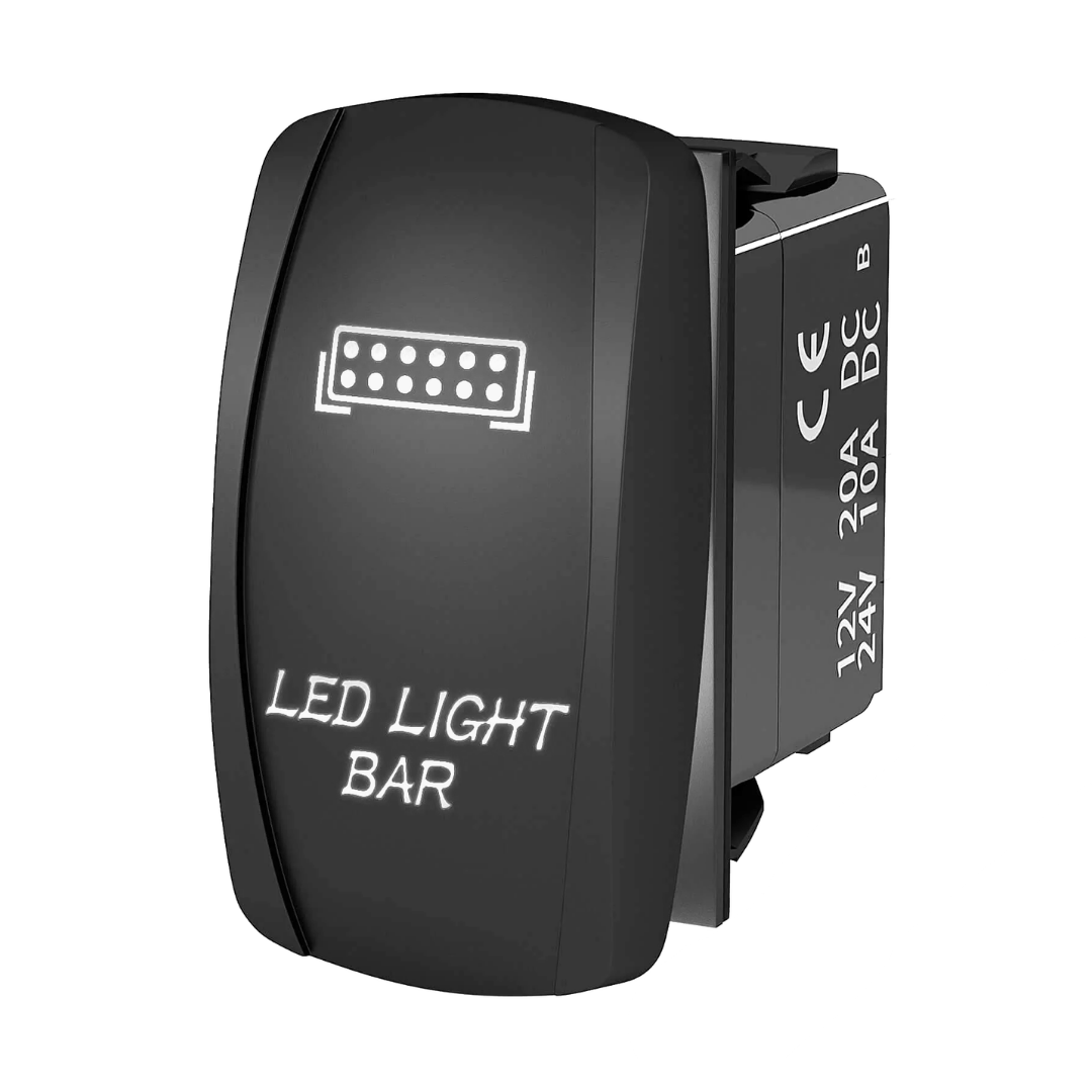 A black marine LED light bar switch with white printed text and connector diagram, shown on a plain white background.