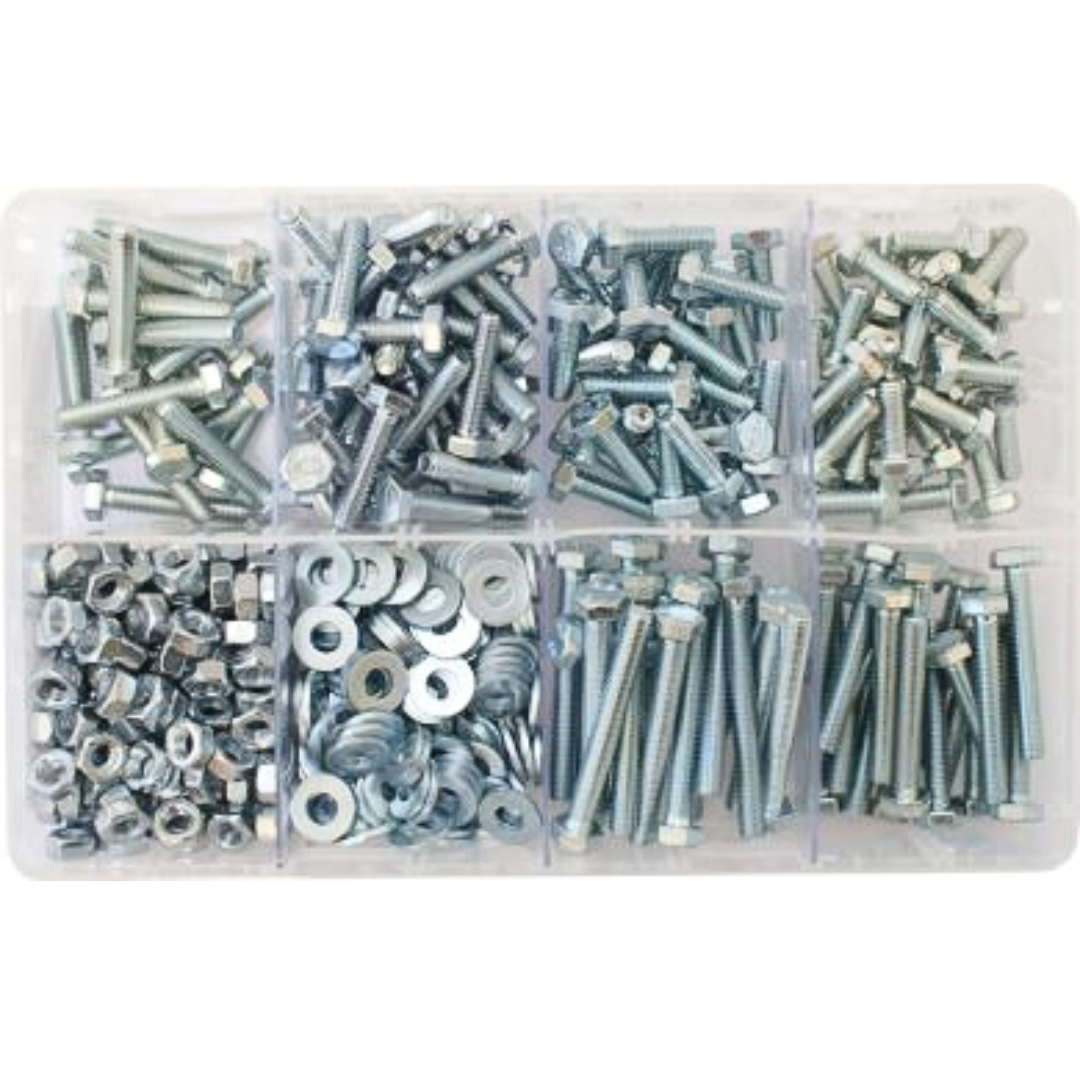 Sortierte Box mit M6-Hardware – Stellschrauben, Muttern und Unterlegscheiben (150)