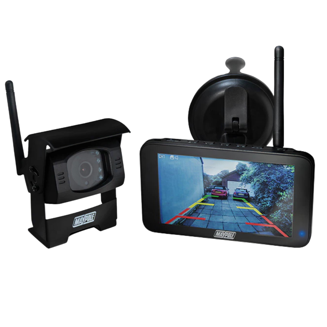 Car backup camera system with monitor displaying rearview camera feed on a white background