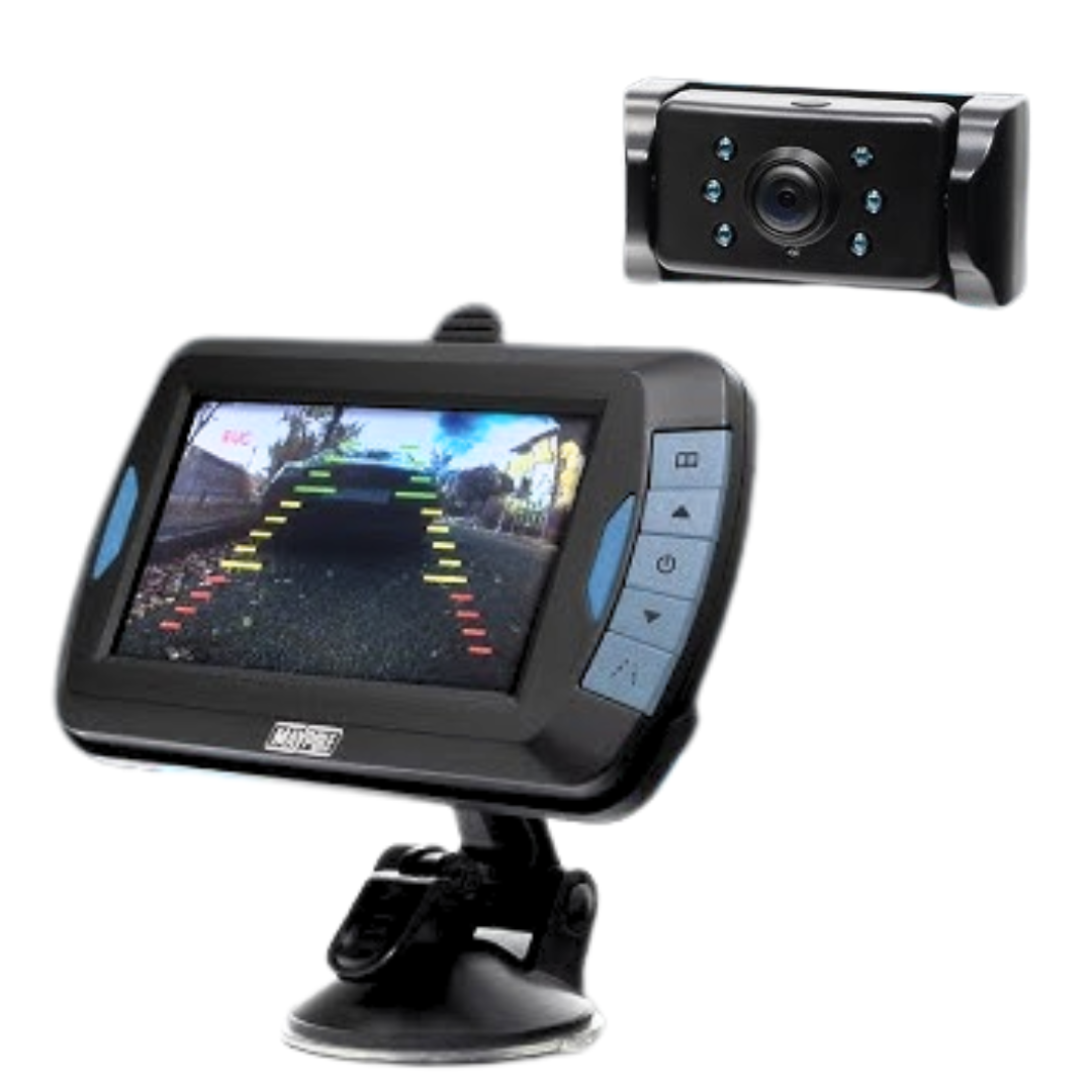 Car reversing camera system with monitor on a white background