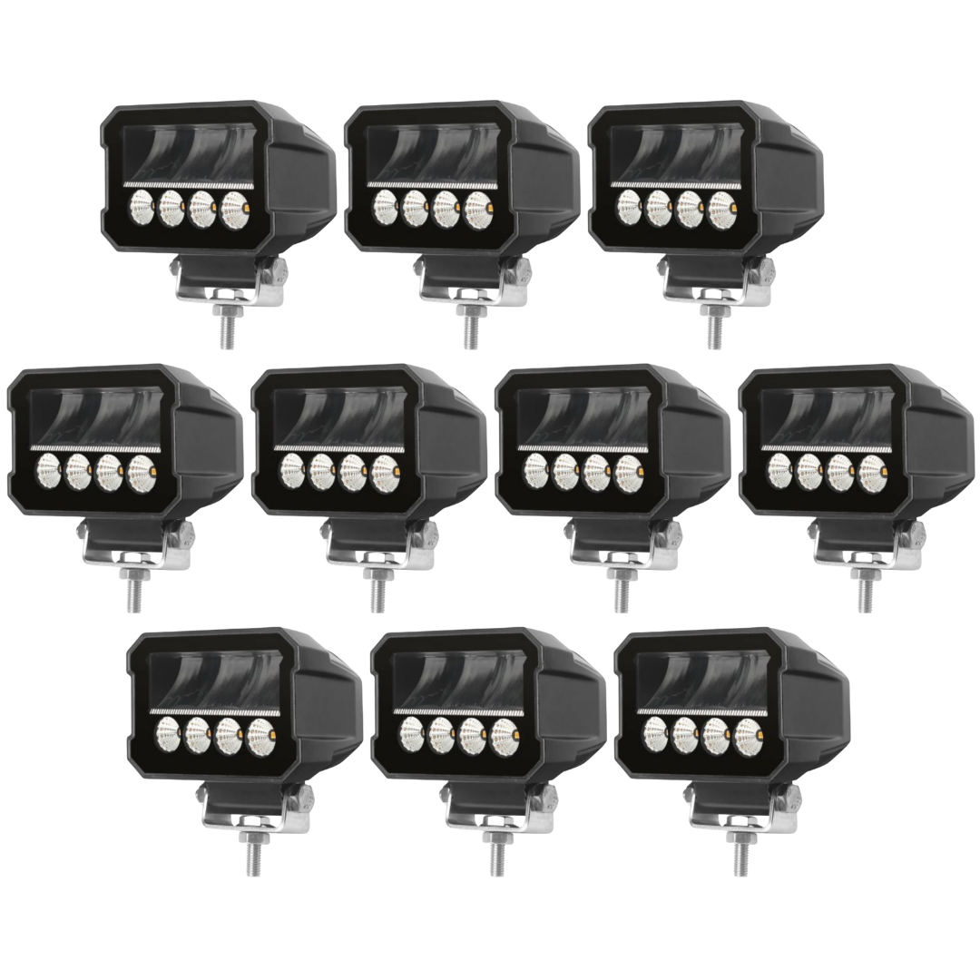 Ten black LED work lights on a white background with strobe lights