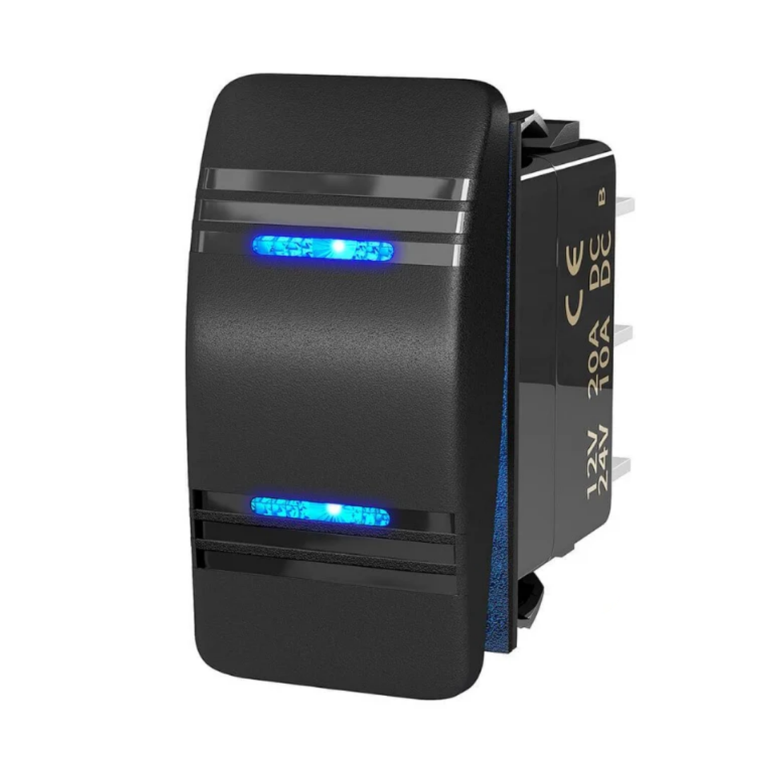 Rectangular Rocker Switch with Blue LEDs / ON-OFF-ON / DPDT