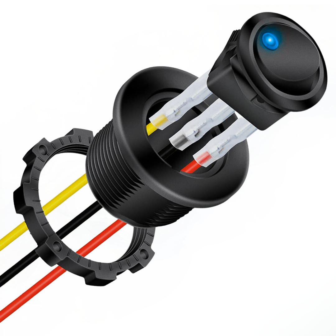 Rund LED-vippströmbrytare med kablar och hölje -