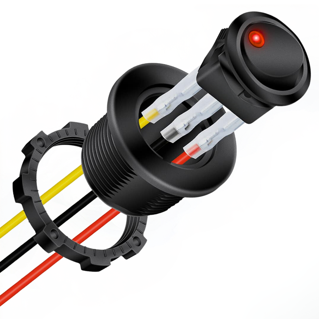Ronde LED-tuimelschakelaar met kabels en behuizing -