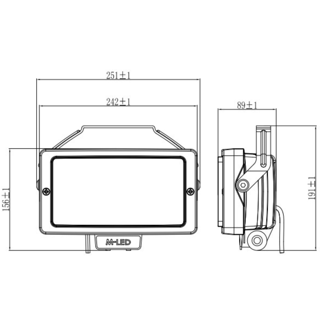 Dibuix tècnic d'una lluminària LED rectangular amb dimensions
