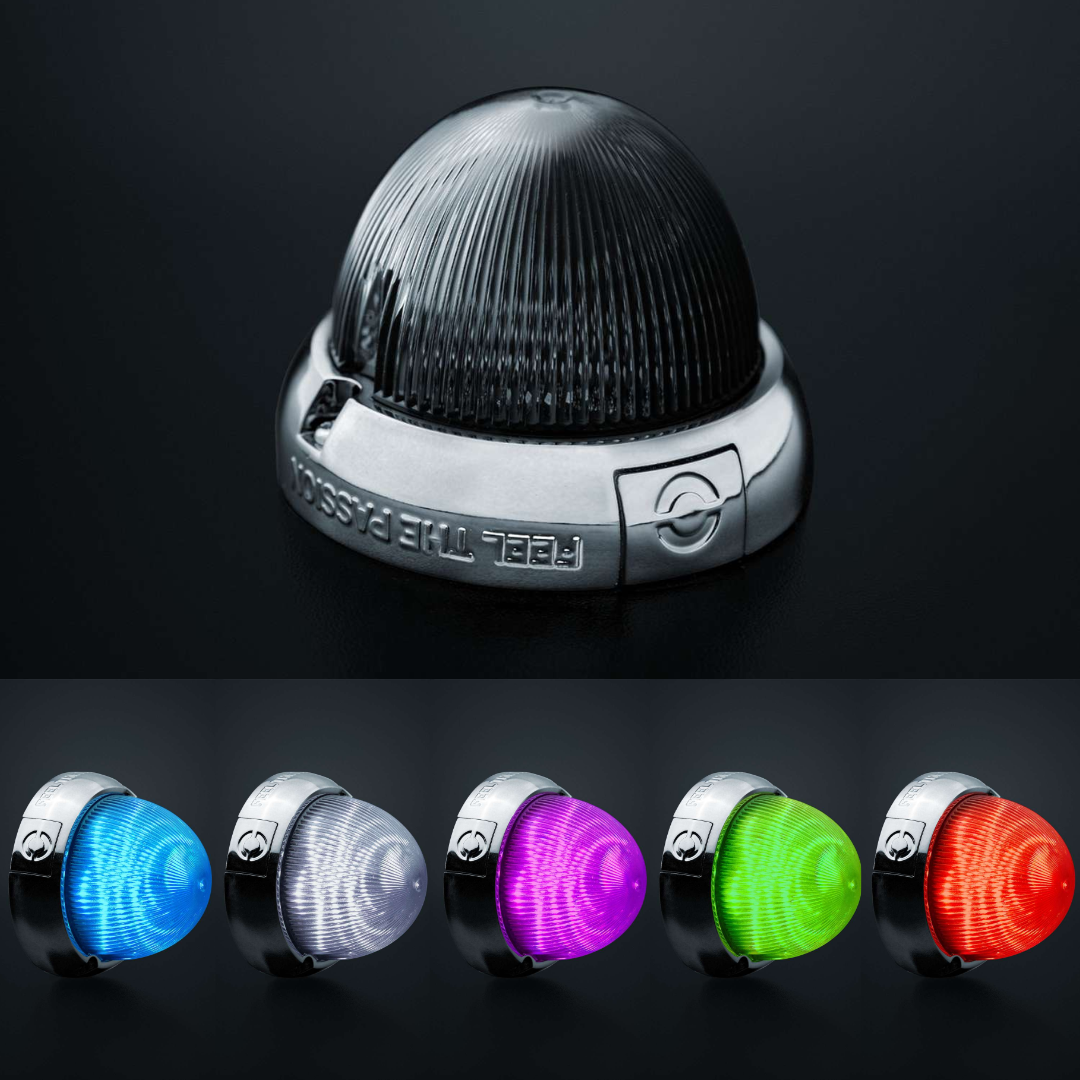 LED light bulb with color-changing options on a dark background