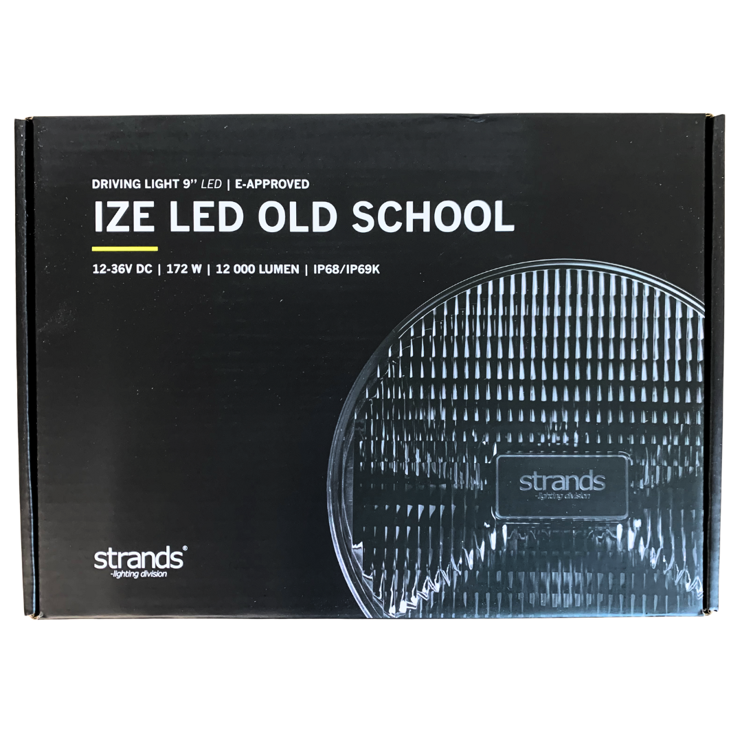 Box of IZE LED Old School driving light with technical specifications on a white background