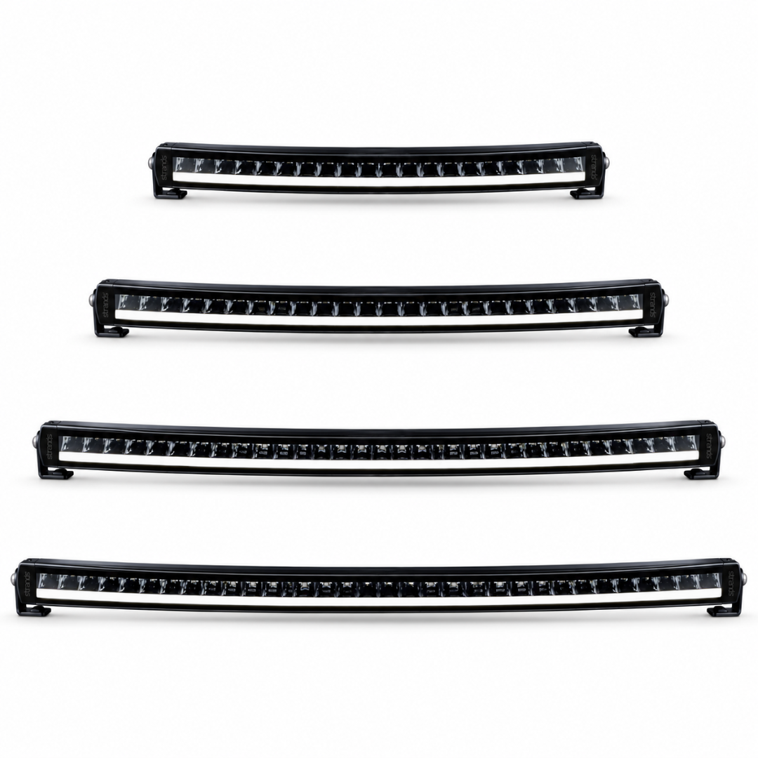 Four black curved strands LED light bars of varying lengths arranged vertically on a plain white background.