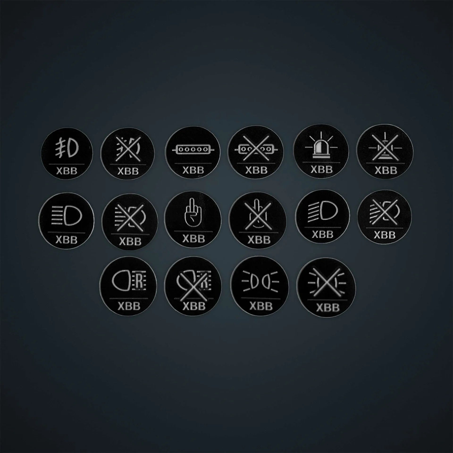 Set of circular icons with various symbols on a dark background
