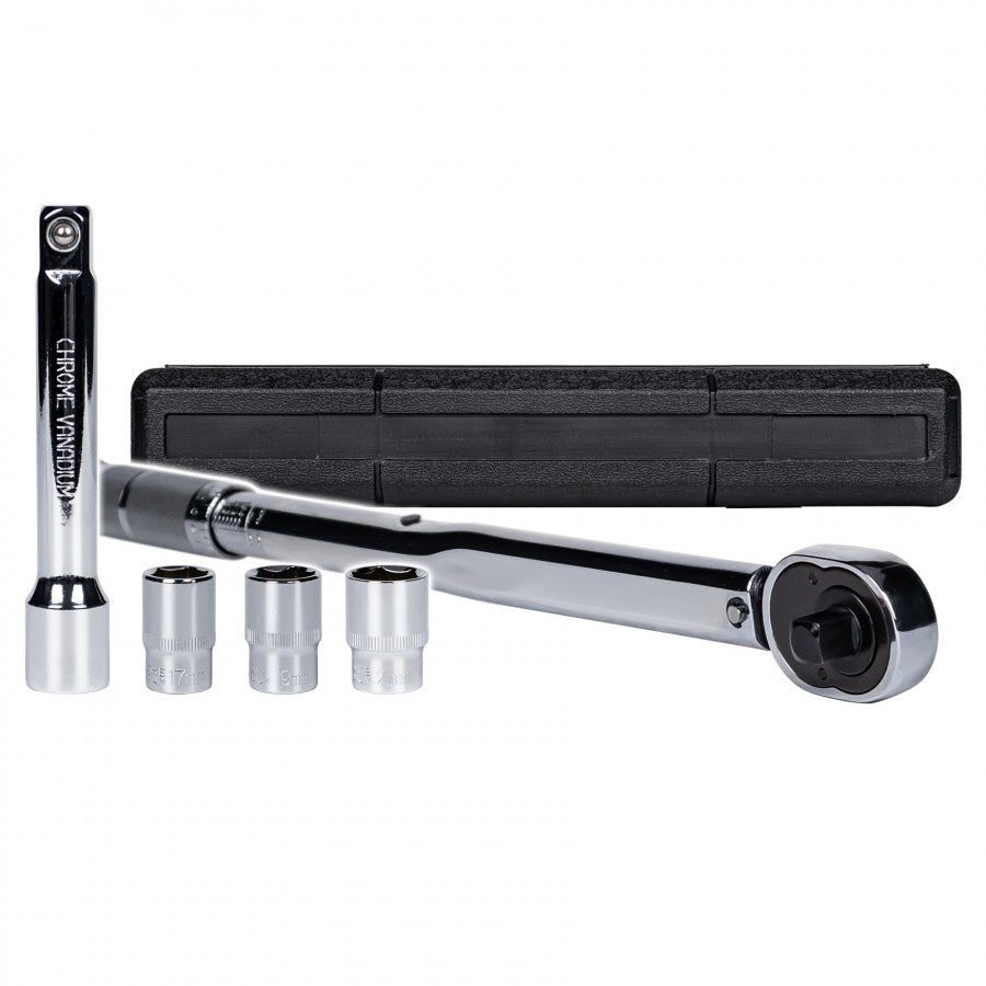 Socket wrench set with black carrying case on a white background