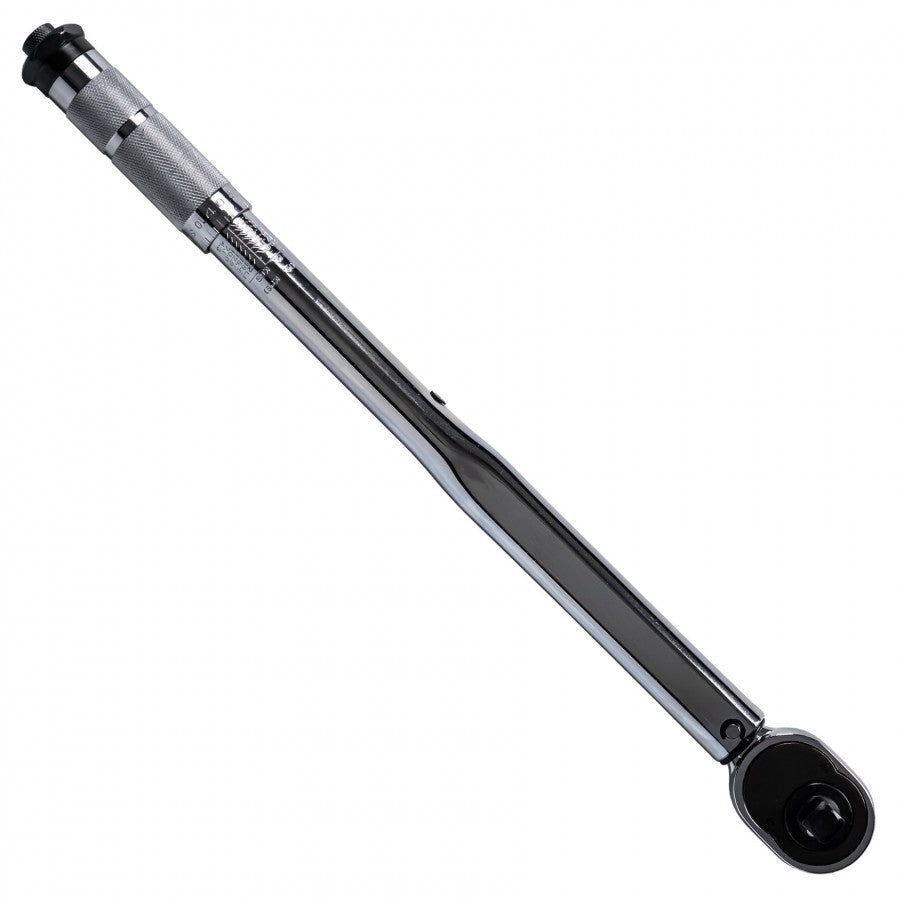 Chrome metal extension bar with ratcheting head on a white background