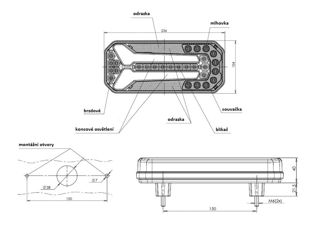 WAS W150DD achteraanhangwagenlamp met dynamische richtingaanwijzer + mist- en achteruitrijlicht - spo-cs-uitgeschakeld - spo-standaard